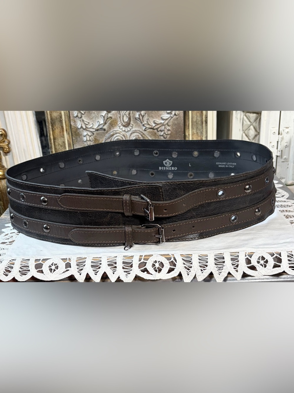 Dismero black brown leather wide belt double buckle Large